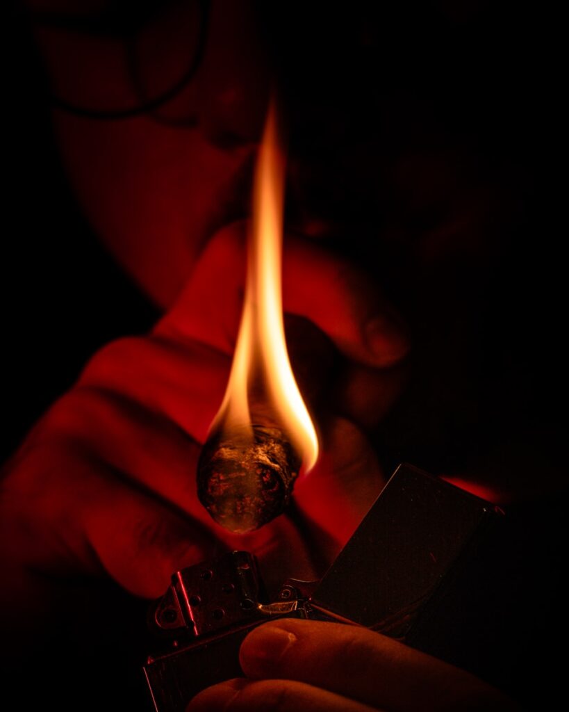 Photo by Vinicius Löw person holding lighter with fire